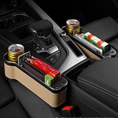 Imagem de Tumecos Organizador de espaço para assento de carro com luz multifuncional com pequeno suporte para copo, organizador de assento de carro com 2 portas USB de carregamento super rápido (bege, lado do motorista e do passageiro)