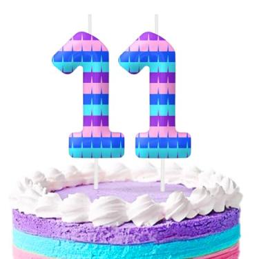 Imagem de Velas azuis e roxas para aniversário de 11 anos, decoração de bolo de aniversário para festas temáticas de jogos, velas de aniversário de jogos para meninos e meninas