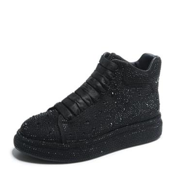 Imagem de Amtopiyo Tênis feminino com strass com glitter, cano alto, plataforma, cadarço e botas esportivas, Preto, 33