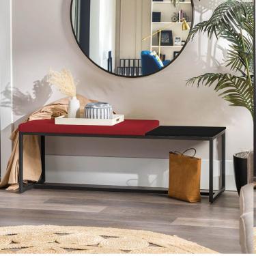 Imagem de Banco Recamier Puff 140cm Industrial Preto Corino Vermelho Tampo Quadrado Mdf Preto