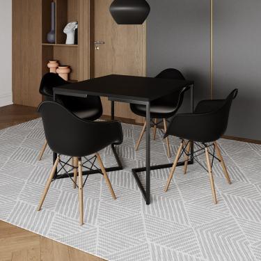 Imagem de Mesa Jantar Industrial Quadrada Preta 90Cm Base V Ferro Preto Com 4 Poltronas Pretas Ma...