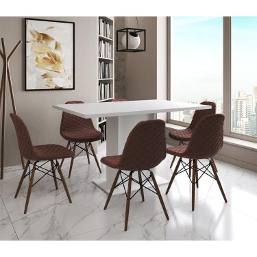 Imagem de Mesa Jantar Londres Retangular Branca 137X90 6 Cadeiras Estofadas Caramelo Madeira