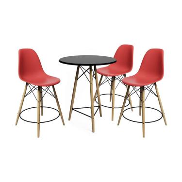 Imagem de Kit 3 Banquetas Bistrô Eames Eiffel Madeira Maciça Assento Plástico 115 cm Preto Vermelho UP Home