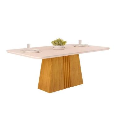 Imagem de Mesa De Sala Jantar Italia Com tampo Madeirado Vidro Curvo 170x90cm Cedro/off White Dj Móveis
