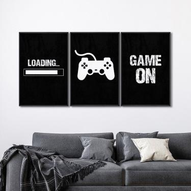 Imagem de Quadro Decorativo Game On Com 3 Telas De Parede Para Sala Quarto Escritório 60cm X 90cm Preto