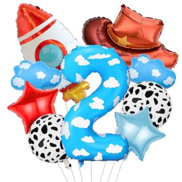 Imagem de RUISUER Decorações Temáticas De Brinquedos, 9 Balões Com Estampa De Vaca, Azul-Celeste, Nuvem, Foguete E Chapéu De Cowboy, Inspirados Em Histórias Infantis, Decorações Para Festa De 2º Aniversário (