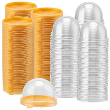 Imagem de MUKLEI Pacote Com 200 Mini Caixas De Plástico 3" Para Bolo, Caixa Transparente Cupcakes Tampas Em Formato Cúpula, Redondas Bolos Lunares, Biscoitos, Sobremesas, Base Dourada