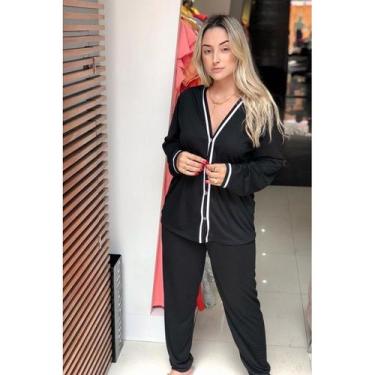 Imagem de Pijama Feminino Aberto Com Botões Estampado Roupa de Dormir Inverno Ma