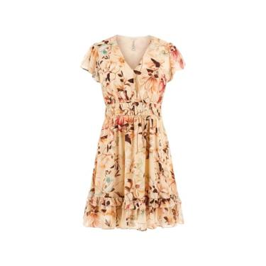 Imagem de GUESS Vestido feminino ecológico Brigida flare de manga curta, Estampa de magnólia natural, G