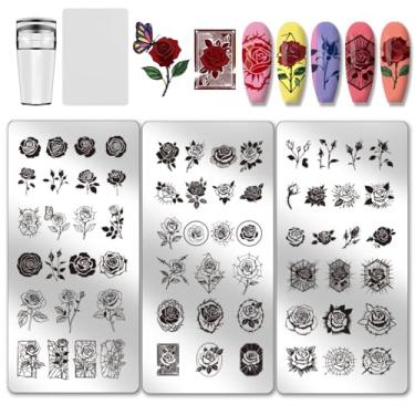 Imagem de PH PandaHall 3 peças de placa de carimbo de unha padrão de flor rosa padrão de rachadura impressão de arte de aço inoxidável placa de imagem de unha com carimbo e raspagem para mulheres, impressão