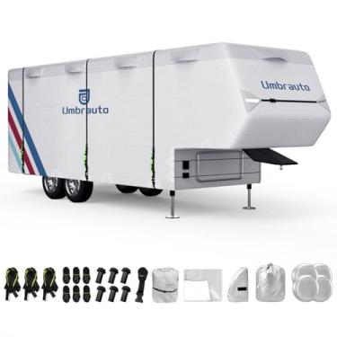 Imagem de Umbrauto Capa de trailer de 5ª roda atualizada 300D à prova d'água respirável para trailer de viagem para motorhome com 2 peças de alças extras e capas de calha