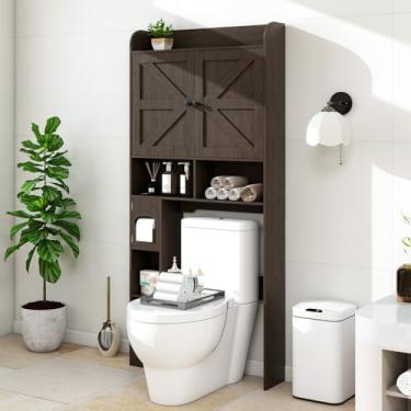 Imagem de MUUEGM Armário de armazenamento sobre o vaso sanitário com portas de celeiro, 82 cm de largura sobre a prateleira de vaso sanitário com suporte de papel higiênico, organizadores de banheiro e
