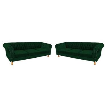 Imagem de 2 Sofás Chesterfield Capitone  Duque Suede Verde Musgo 2,30cm - novo e