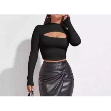 Imagem de Cropped manga longa decote vazado feminino sem bojo - Filó Modas