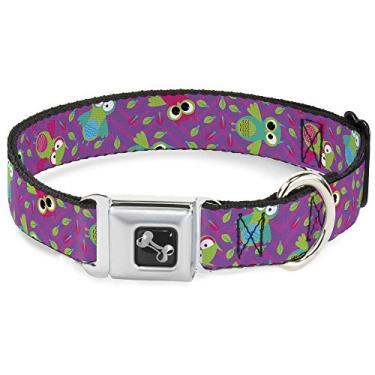 Imagem de Buckle-Down Coleira para cães com fivela de cinto de segurança – Corujas voadoras com folhas roxas/multicoloridas – 3,8 cm de largura – Serve para pescoço de 40,6 a 58,4 cm – Médio