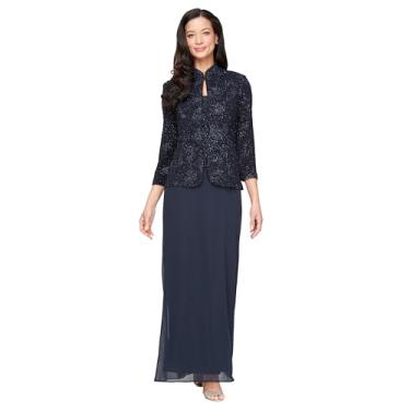 Imagem de Alex Evenings Vestido longo feminino com gola mandarim (Regular Petite Plus), Azul marino, 52
