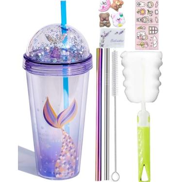 Imagem de viva story Copo de viagem sereia com canudo brilhante copo para beber gelo paetês leite caneca de café copo de plástico de desenho animado para festa de piquenique presente de aniversário (Mermaid