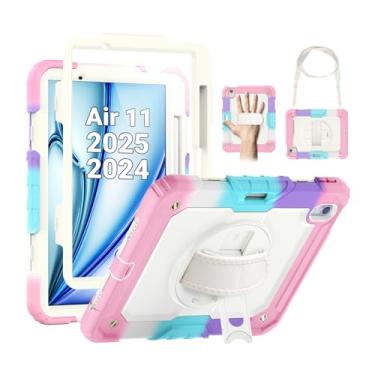 Imagem de SEYMAC Capa infantil para iPad Air de 11 polegadas M3 (2025)/M2 (2024), capa protetora resistente à prova de choque com protetor de tela, suporte, alça de mão/ombro para iPad Air 7ª/6ª geração, rosa