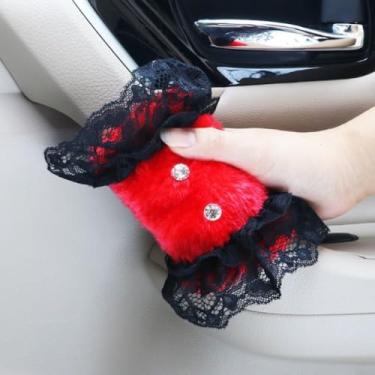 Imagem de MINGZAIQIPEI Conjunto fofo de 2 peças com diamantes de renda de pelúcia capa de alça de carro, luvas de aderência de carro, capa de puxador de porta interna, protetor de alça acessórios interiores
