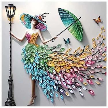 Imagem de antor Kit de pintura de diamante de forma especial – Elegante vestido de pena de pavão com guarda-chuva, arte de strass de cristal 5D, decoração de parede DIY para adultos