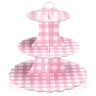 Imagem de Willinglong Suporte rosa de 3 camadas de papelão para cupcake rosa e branco quadriculado suporte de cupcake torre em camadas, bolo de sobremesa, suporte para exibição de aniversário, chá de bebê