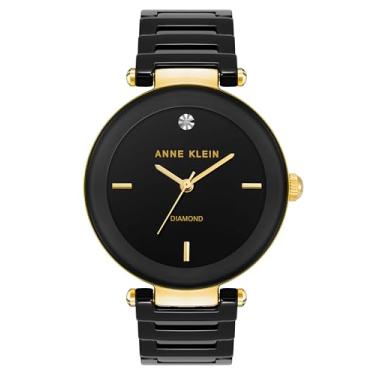 Imagem de Anne Klein Relógio feminino genuíno com pulseira de cerâmica com mostrador de diamante, Preto/dourado, Relógios modernos