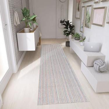 Imagem de Tapete Antiderrapante Cozinha 130 x 45 Passadeira Algodão Emborrachado Lava na Máquina Quarto e Corredor Bege Listras Palha Colorido