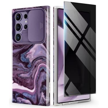 Imagem de GVIEWIN Capa para Samsung Galaxy S24 Ultra com capa de câmera deslizante + protetor de tela de privacidade, [grau militar à prova de choque] Capa protetora de mármore fina e resistente para S24 Ultra