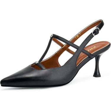 Imagem de FRJR Salto gatinho feminino slingback bico fino fechado stiletto scarpin tira T salto alto para festa elegante escritório sandálias de salto, Preto, 40