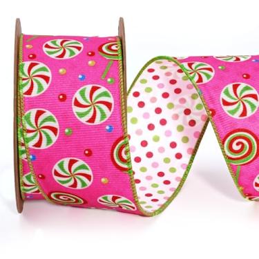 Imagem de LaRibbons Fita de veludo doce com fio, 6 cm x 10 metros reversível rosa choque e fita de veludo de bolinhas para árvore de Natal, embrulho de presente, laço de guirlanda, decoração ao ar livre