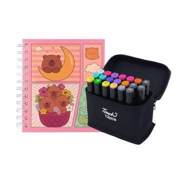 Imagem de Conjunto de Marcadores Artísticos Touch, 12 Cores Vibrantes, Estojo com Zíper Preto e caderno.
