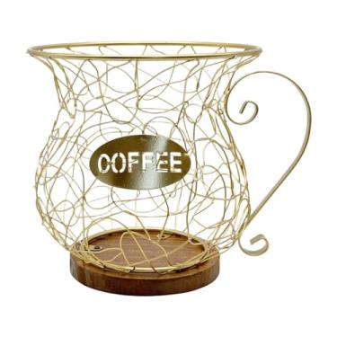 Imagem de Ioensy Suporte para cápsulas de café, cesta de armazenamento em formato de xícara, moderno, com base de madeira, organizador, recipiente para casa, cozinha, Ouro