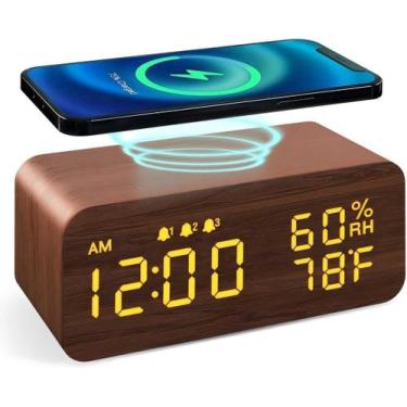 Imagem de Relógio Madeira Despertador Led Controle voz Carregador Indução Data H