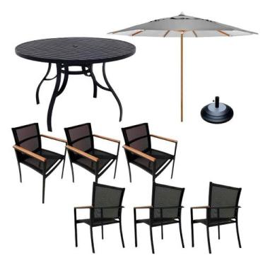 Imagem de Jogo de Mesa 1,40m Ripada 6 Cadeiras Piscina Jardim + Guarda Sol - Nos