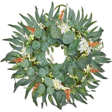 Imagem de Guirlanda de eucalipto de 66 cm, guirlandas grandes para porta da frente o ano todo com vegetação artificial de verão e outono com folhas de eucalipto, frutas e flores, todas as estações, guirlanda