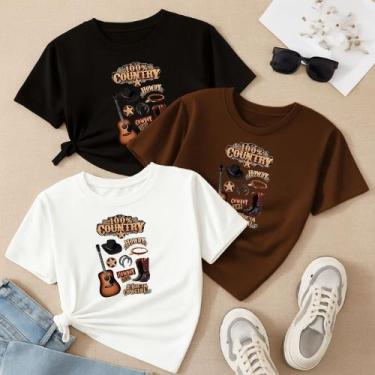Imagem de Kit com 3 Camisetas Femininas Estampadas 100% Country Conjunto Lindo M