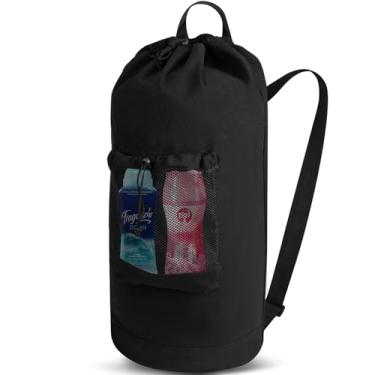 Imagem de Mochila de lona, bolsa de lavanderia, mochila de lavanderia com alças de ombro e bolsos de malha, bolsa de cesta de roupa durável com fecho de cordão, adequada para faculdade, lavanderias e