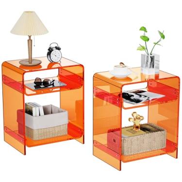Imagem de Mesa de canto de acrílico com prateleira de armazenamento mesa lateral transparente mesa de cabeceira (duplo laranja)