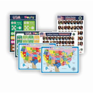 Imagem de Conjunto de pôsteres de aprendizagem dos EUA para crianças – mapa dos EUA, presidentes (1–46 atualizado em 2024) e tabelas de dinheiro – 3 pôsteres de parede laminados de dupla face para geografia e
