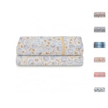 Imagem de Lençol 100% Algodão S/Elástico Avulso Estampado com Viés Malha Penteada Fio 30/1 (Est. Mostarda, Queen)