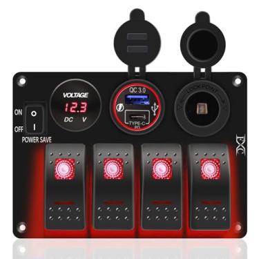 Imagem de Interruptor basculante marítimo de 4 gangues vermelho à prova d 'água interruptor de alternância economia de energia para caminhões RV PD voltímetro tipo C e QC 3.0 porta carregador USB CC 12 volts