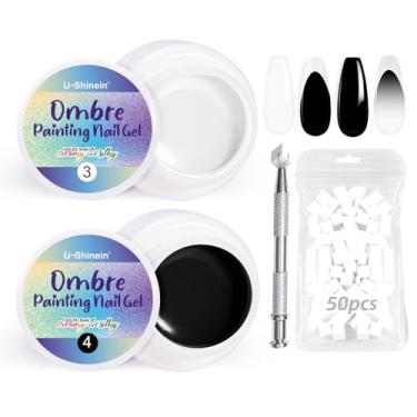 Imagem de U-Shinein Conjunto de 2 esmaltes de gel ombré, pintura em preto e branco com 50 esponjas de unha e 4 garras de metal para arte de unhas DIY (02)