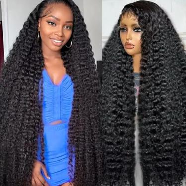 Imagem de Yeeaak Perucas de cabelo humano ondulado profundo de 86 cm de densidade 200% de densidade 13 x 15 HD transparente lace frontal perucas de cabelo humano molhado e ondulado sem cola, perucas