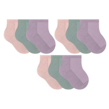 Imagem de Kit 9 Pares De Meias Selene Infantil Cano Curto Algodão, Salmão, Lilás
