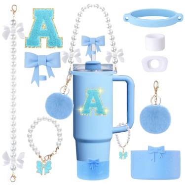 Imagem de Conjunto de acessórios para copos Stanley de 9 peças - para copos de 850 g 1,134 g com alça - Kit Bule inclui enfeite de palha e bota, pingente, alça de pérola e adesivos - Presentes estéticos para