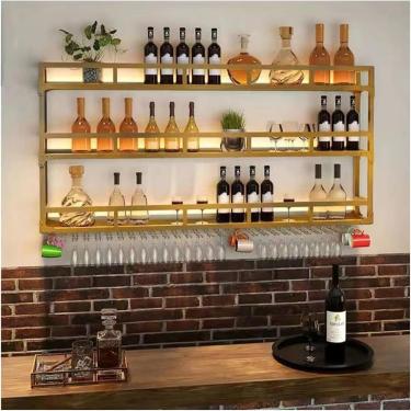Imagem de Prateleira De Vinho Montada Na Parede Com Luz Led,prateleira De Exibição De Armazenamento De Vinho De Suporte De Garrafa De Metal,prateleiras De Vinho De Grande Capacid, Gold1, 80cm/31.5in