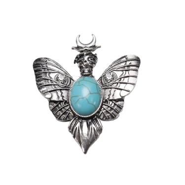 Imagem de Broche vintage crânio inseto turquesa para mulheres homens unissex banhado a prata strass pedra azul boho mariposas crescentes broches alfinetes de lapela chapéu morcego terno aniversário dia das
