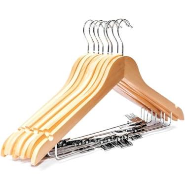 Imagem de Kit 3 Cabides de Madeira Maciça Adulto Slim Premium Envernizados com Presilhas Gancho Metálico