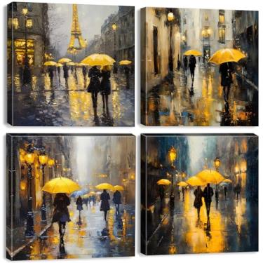 Imagem de Arte de parede de cena de rua de Paris, imagem de paisagem urbana, guarda-chuva amarelo, decoração de quarto, abstrato, moderno, chuva, cidade, paisagem, pinturas a óleo, arte romântica para sala de