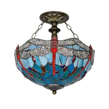 Imagem de GILGGAK Tiffany Luminária de teto azul marinho vitral vermelho libélula vermelha lâmpada de montagem semi embutida 16 polegadas altura 15 polegadas lâmpada de teto Tiffany